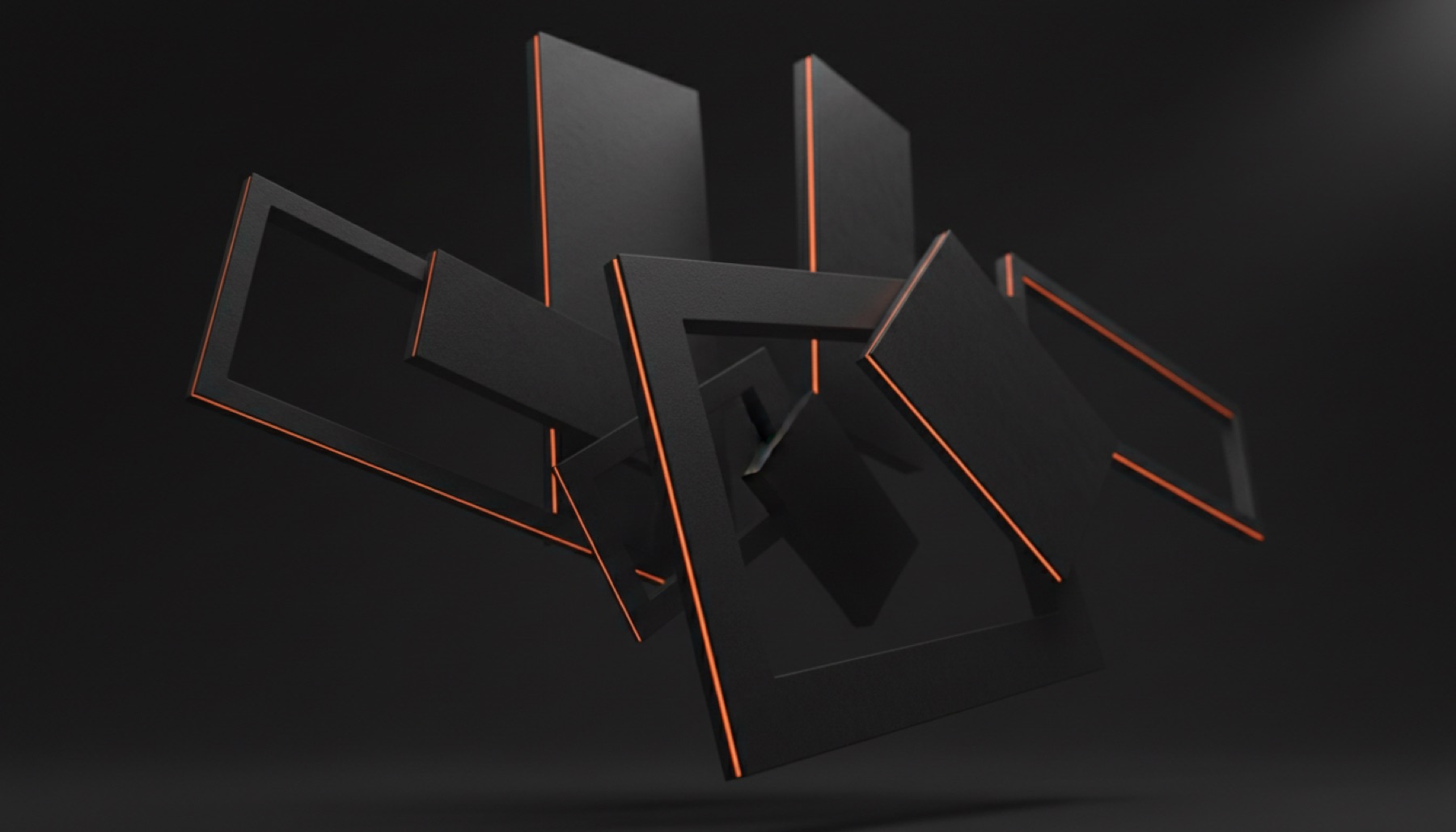 Matte black panels and frames floating at angles, each edged with a thin line of ember-orange light.